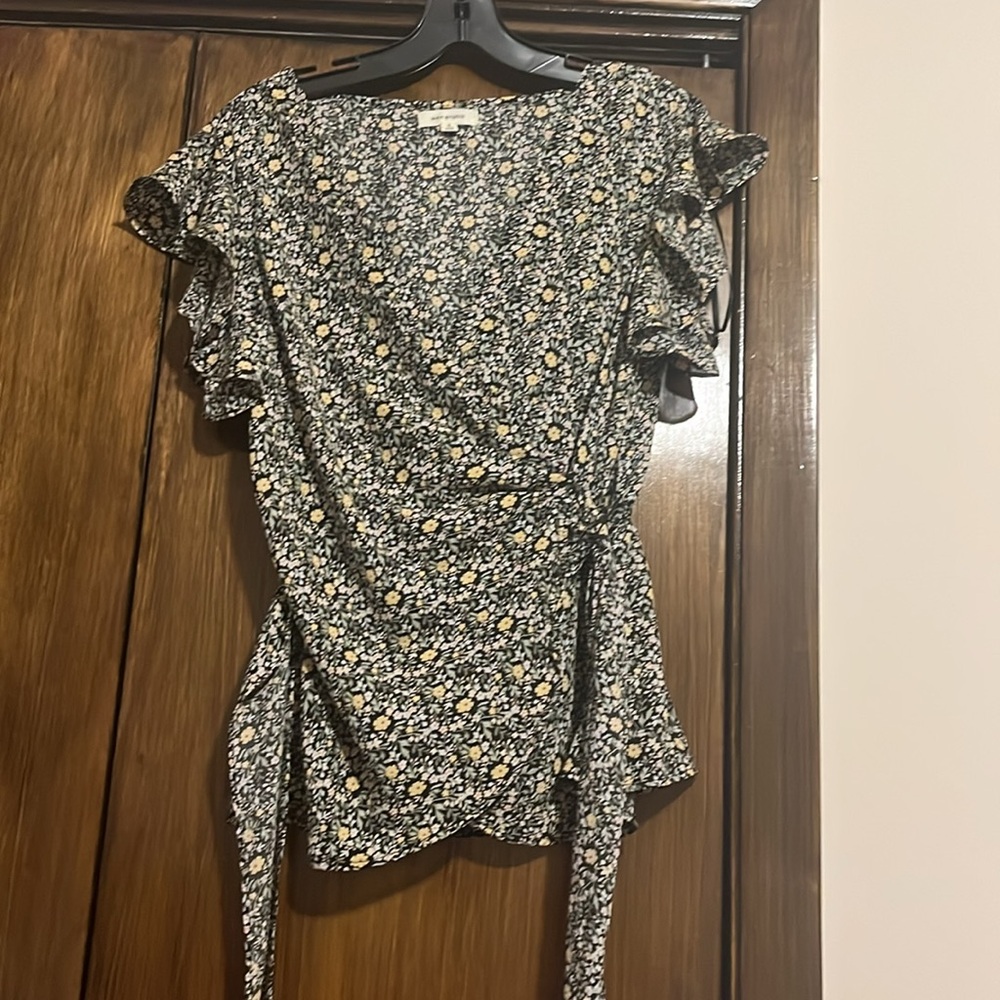 Max Studio Floral Flutter Sleeve Wrap Blouse